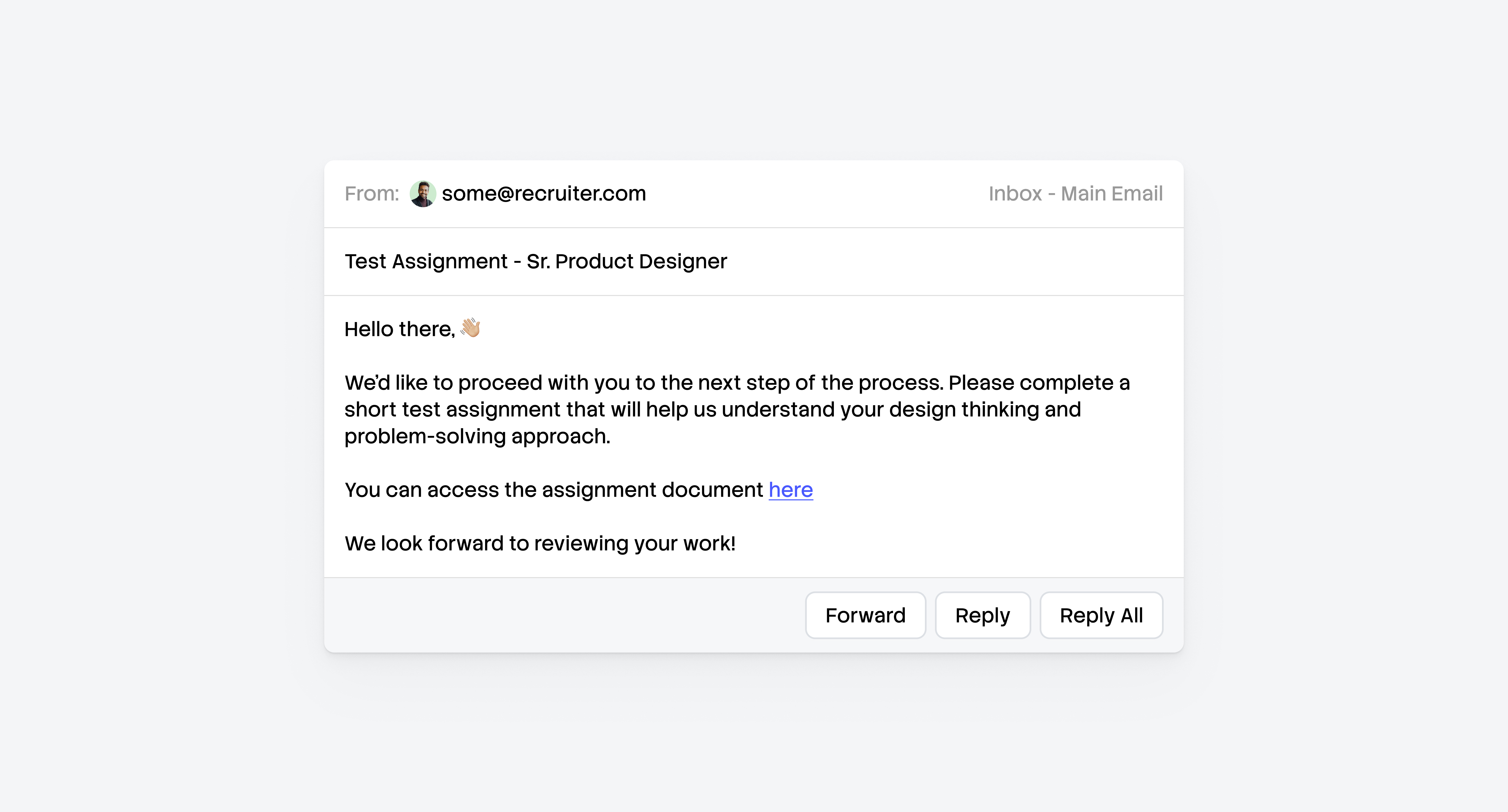An imaginary email from HR inviting the candidate to proceed with the test assignment